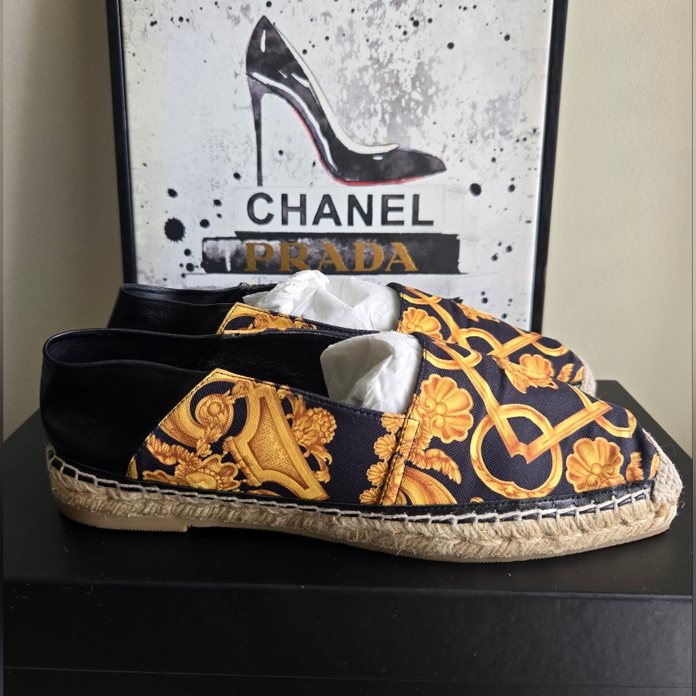 Versace St. Barocco Heritage Nappa Black and Gold Espadrilles Women's Size 9 - Picture 4 of 10